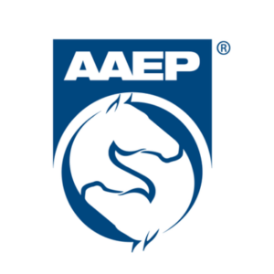 The AAEP logo features a stylized depiction of a horse's head and neck within a circular design, accompanied by the text "AAEP" in bold white lettering against a blue background - Southwest Equine Veterinary